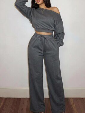 Dark Grey Women's Casual Athleisure Lounge Two Piece Set